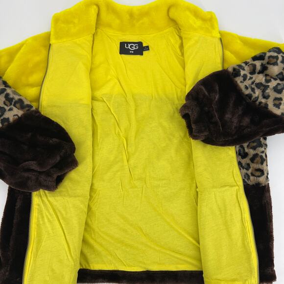 UGG Elaina Faux Fur Bomber Jacket Leopard Yellow Brown Size S - Picture 10 of 13